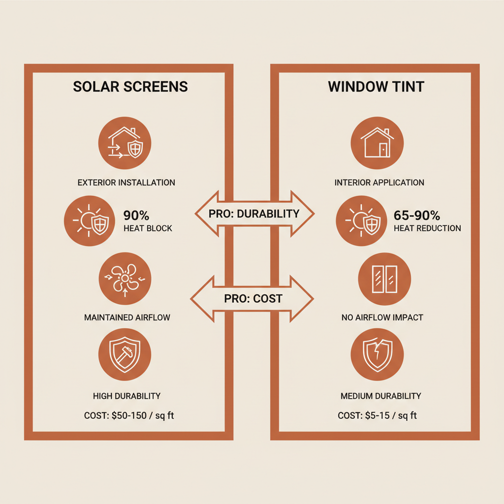 Infographic comparing solar screens and window tint for heat protection in Arizona homes