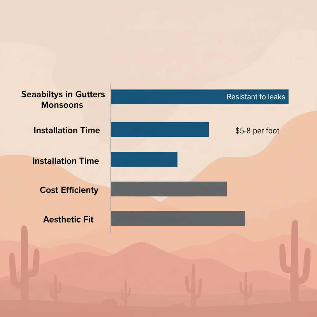 Horizontal bar chart comparing seamless and sectional gutters for Phoenix homes, highlighting seamless superiority in durability, installation, cost, and aesthetics.