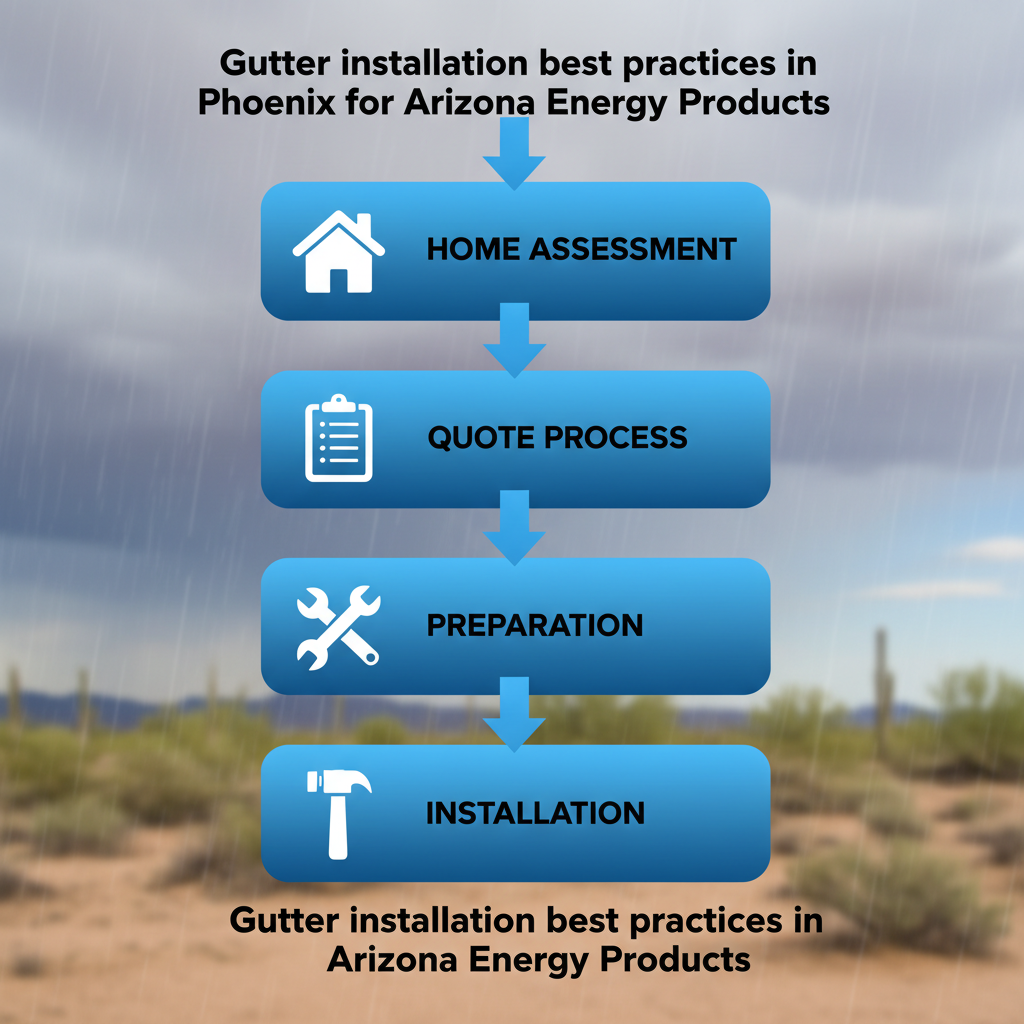 Vertical process flow diagram illustrating the four steps of gutter installation in Phoenix: home assessment, quote process, preparation, and installation with relevant icons.