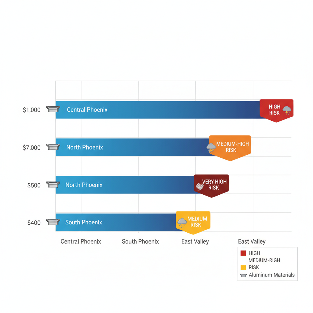 Horizontal bar chart comparing gutter installation costs and monsoon risk levels across four Phoenix neighborhoods.