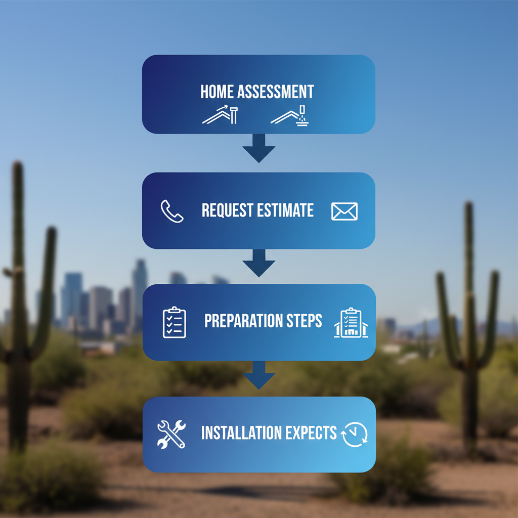 Vertical process flow diagram illustrating four steps to start a rain gutter project in Phoenix: home assessment, request estimate, preparation, and installation expectations with icons.