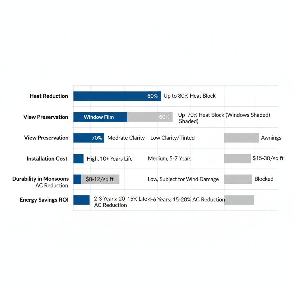 Horizontal bar chart comparing solar screens, window film, and awnings on heat reduction, view preservation, installation cost, durability, and energy savings ROI for Phoenix homes.