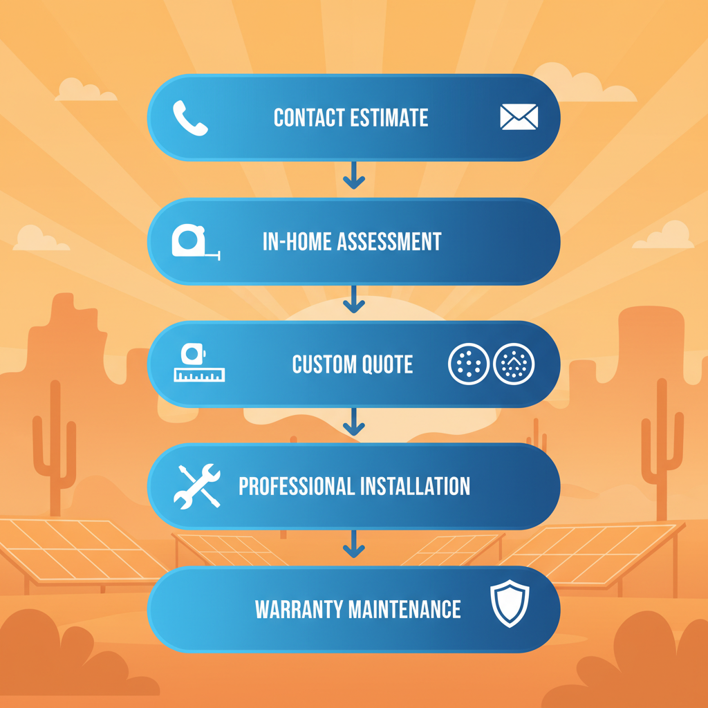 Vertical process flow illustrating the five steps to get started with solar sun screens in Phoenix: contact for estimate, assessment, quote, installation, and warranty.