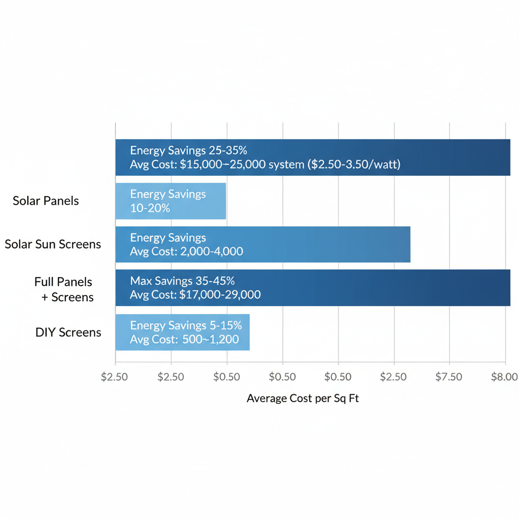 Horizontal bar chart comparing costs and energy savings of solar panels and sun screens in Phoenix