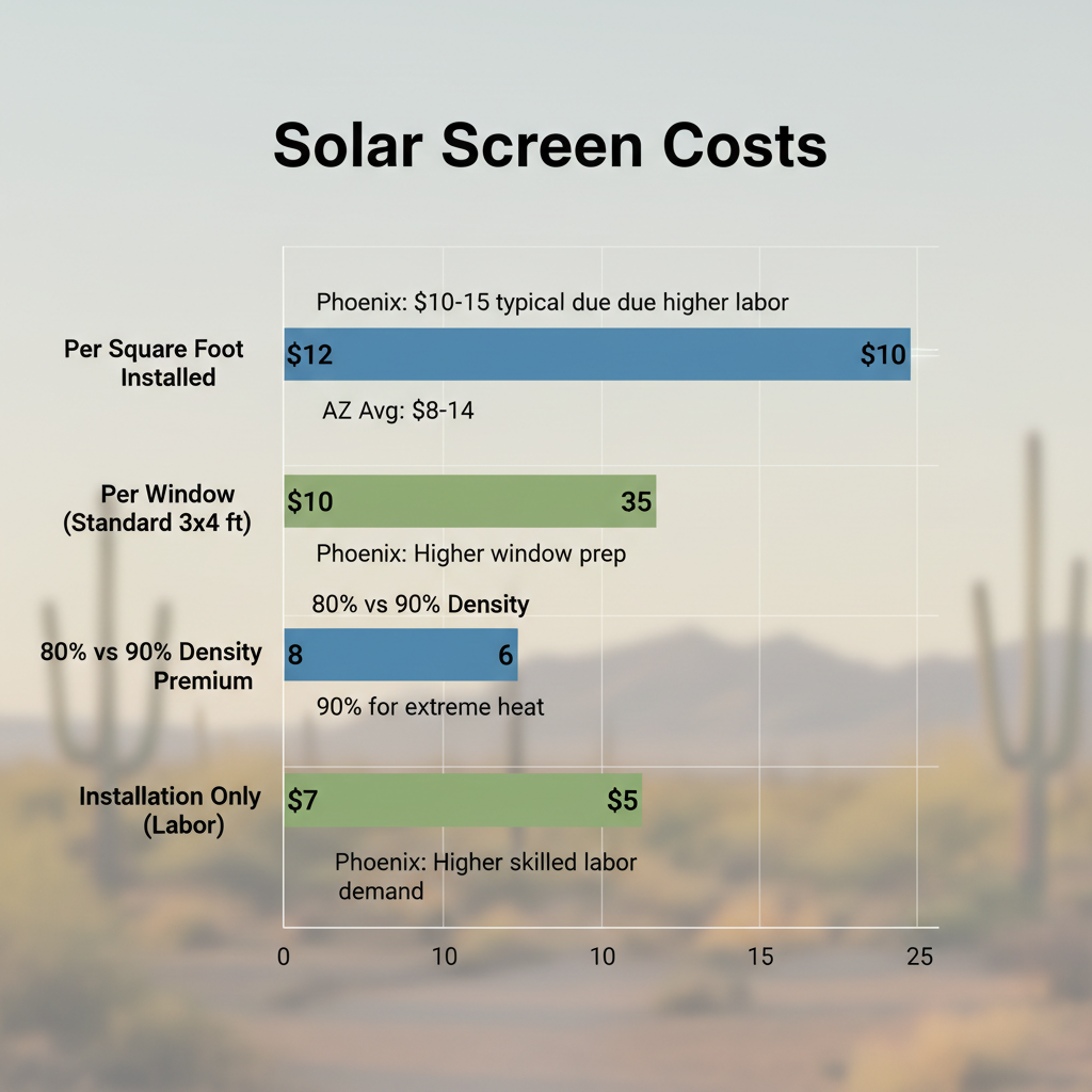 Horizontal bar chart comparing solar screens installation costs in Phoenix and Arizona state averages across four categories: per square foot, per window, density premium, and labor only.