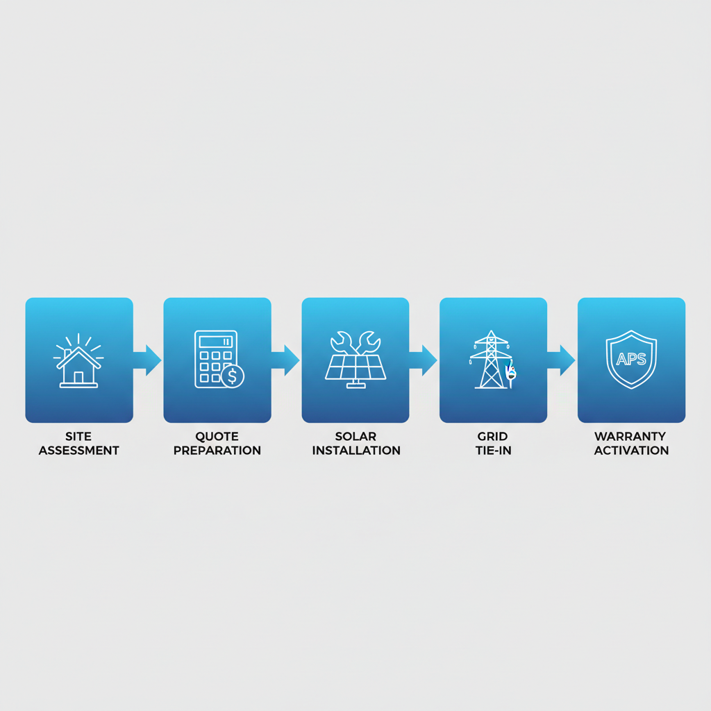 Horizontal process flow diagram showing five steps of solar services installation in Phoenix