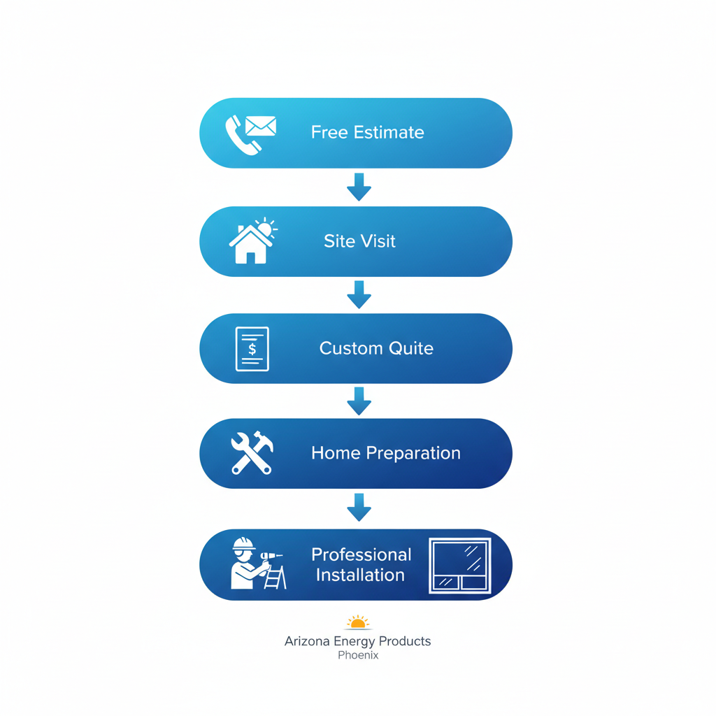 Vertical process flow diagram illustrating the five steps of solar screens installation in Phoenix: free estimate, site visit, custom quote, home preparation, and professional installation.