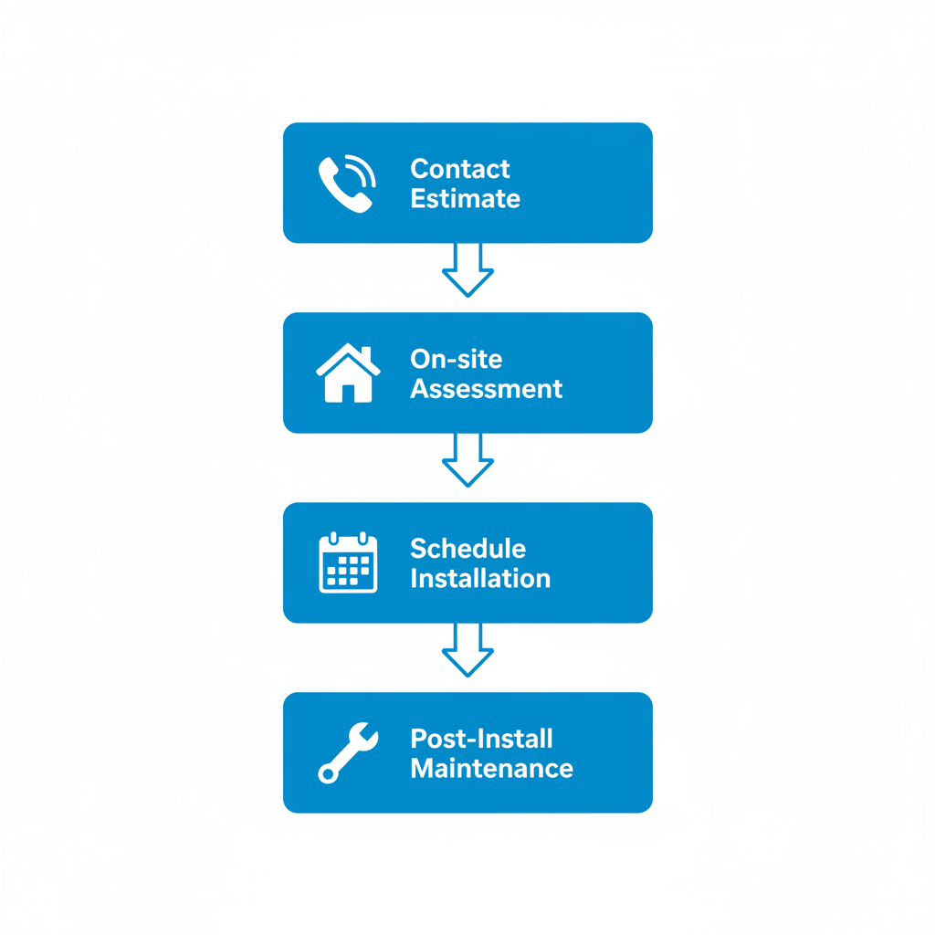Vertical process flow diagram showing four steps for seamless gutter installation in Phoenix