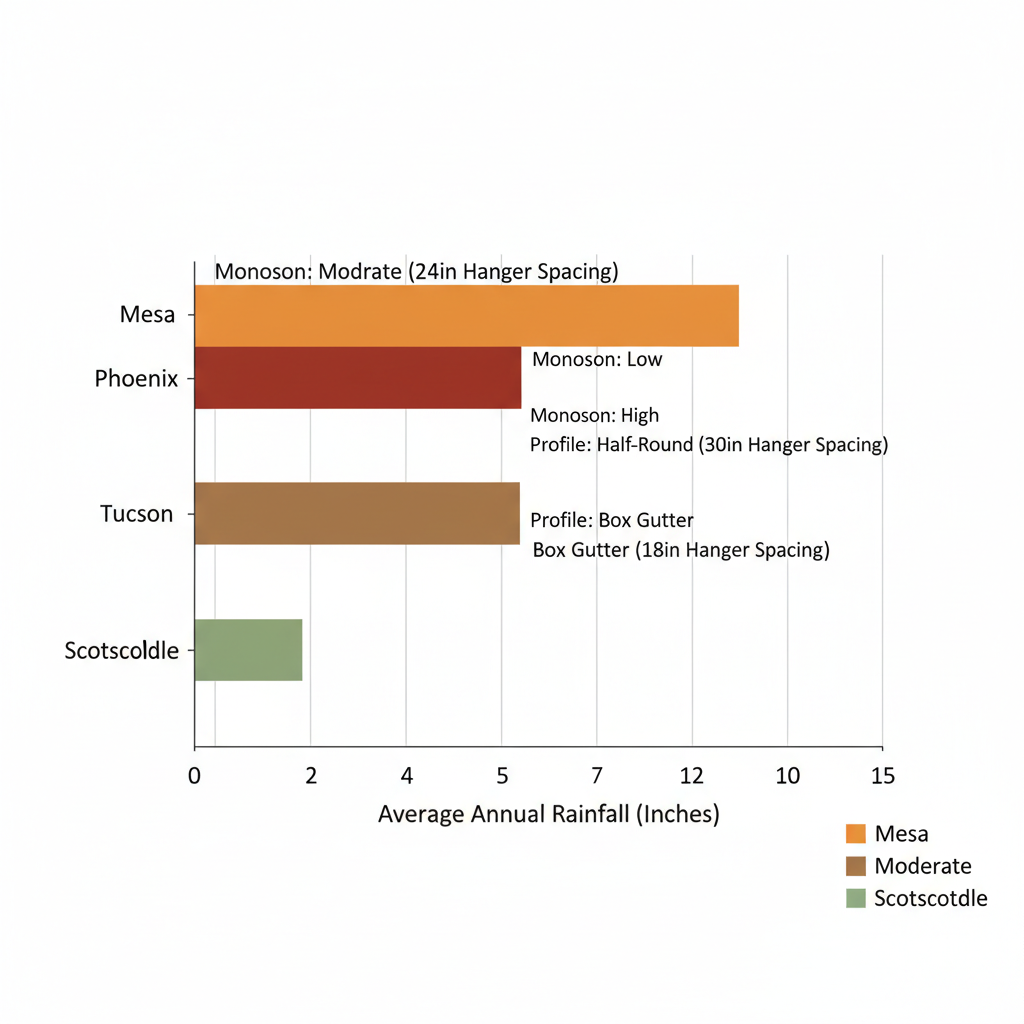 Horizontal bar chart comparing rainfall, monsoon intensity, and gutter profiles for Arizona regions: Mesa, Phoenix, Tucson, Scottsdale