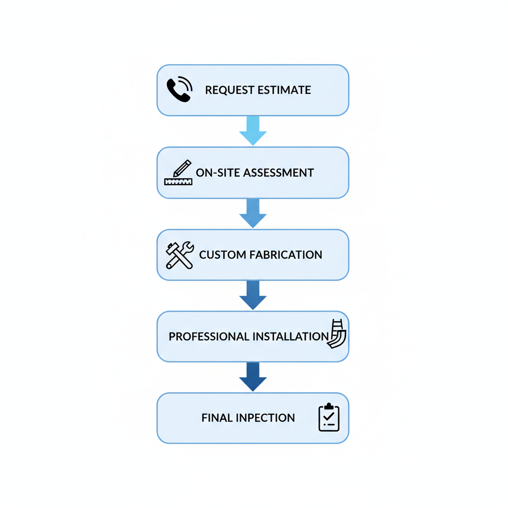Vertical process flow diagram showing five steps for seamless gutter installation with icons and arrows