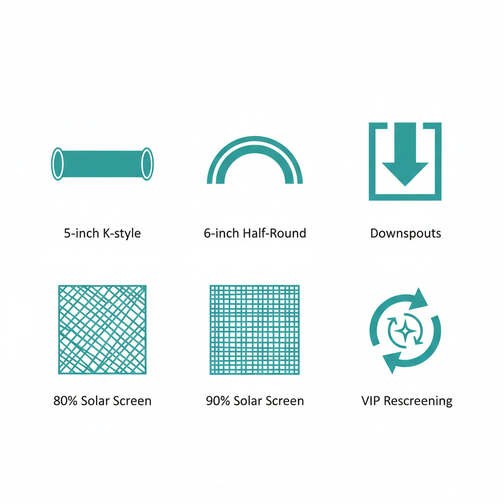 Icons illustrating installation options for gutters and solar screens in Arizona homes
