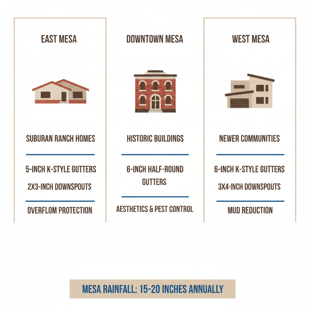 Infographic comparing gutter requirements and solutions across East, Downtown, and West Mesa neighborhoods with rainfall statistics
