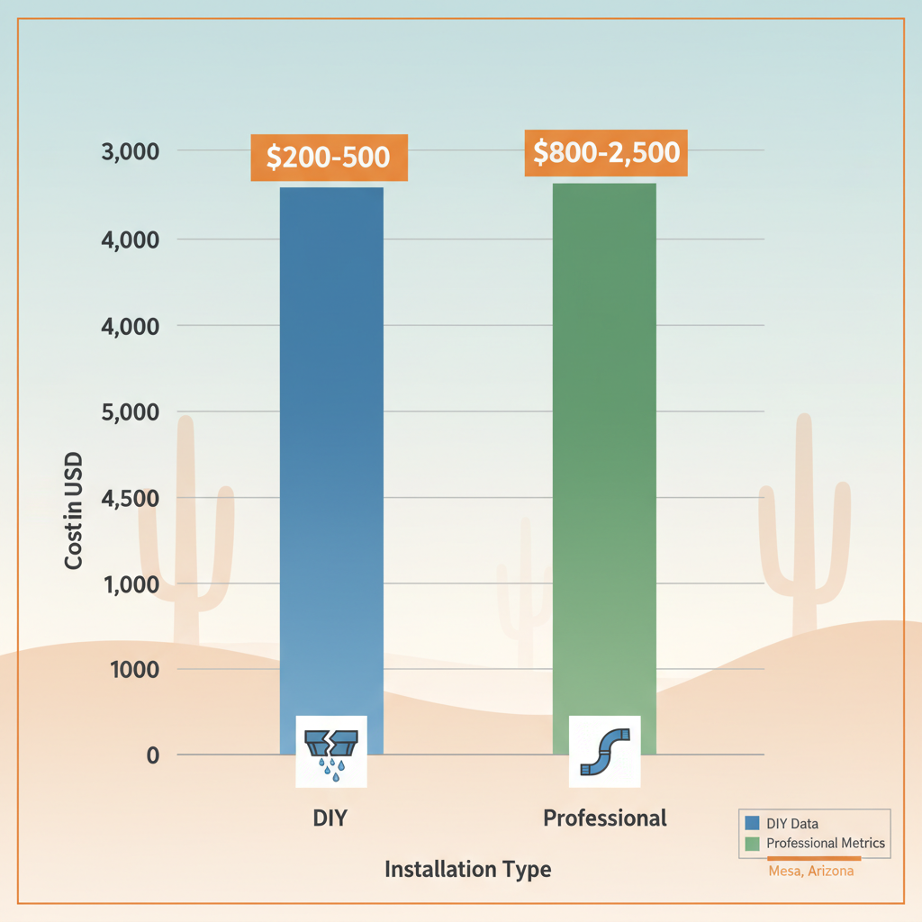 Bar chart comparing costs of DIY versus professional rain gutter installation in Mesa, Arizona, showing price ranges and benefit icons.