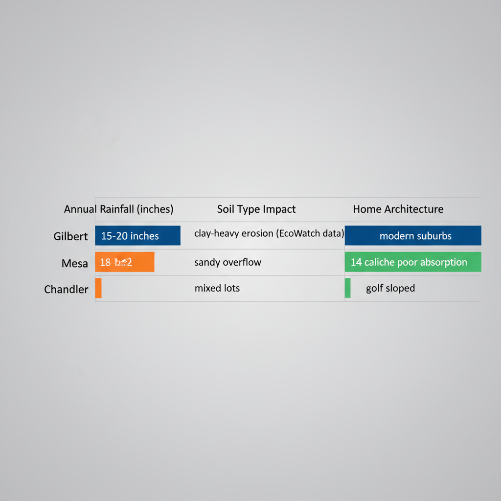 Horizontal bar chart illustrating comparative challenges for rain gutter systems in Gilbert, Mesa, and Chandler, Arizona, based on rainfall, soil, and architecture.