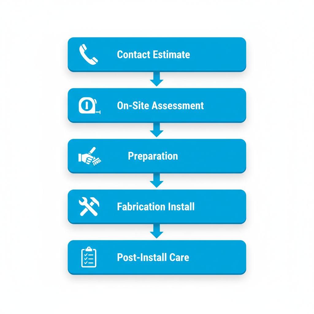 Vertical process flow diagram showing five stages of seamless gutter installation with icons and brief labels