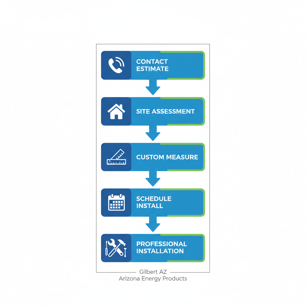 Vertical process flow diagram illustrating five steps for solar screen installation on a Gilbert AZ home, including contact, assessment, measurement, scheduling, and professional installation with relevant icons.