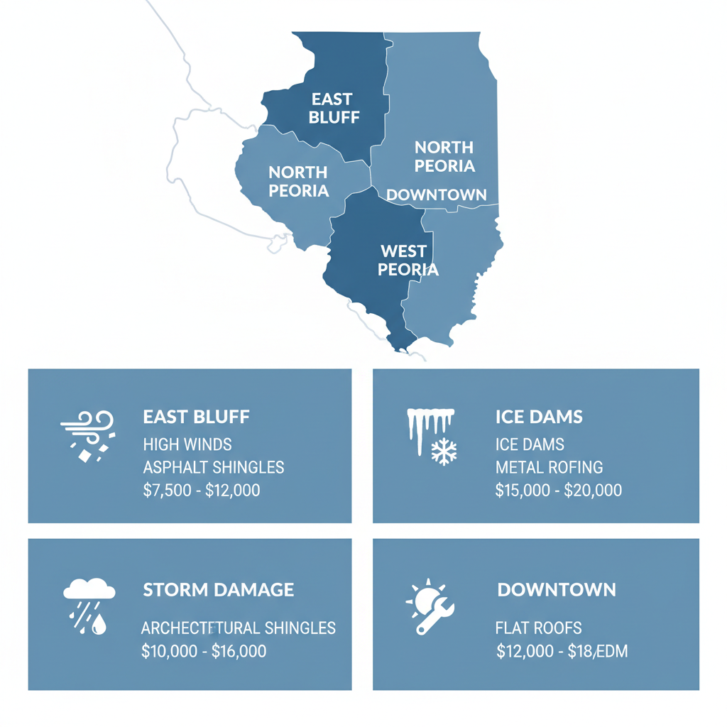 Infographic illustrating Peoria's roofing landscape with four neighborhood panels, common issues, recommended materials, and cost ranges.