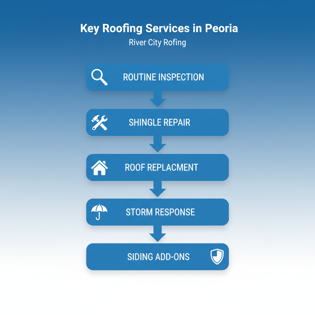 Vertical process flow diagram illustrating five key roofing services available in Peoria: routine inspection, shingle repair, full replacement, emergency response, and siding add-ons with icons.