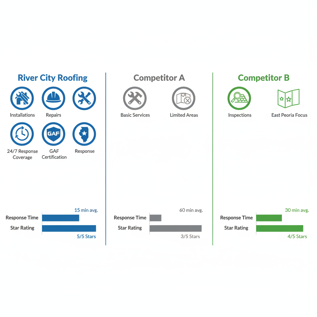 Comparison infographic of roofing providers in Peoria, IL featuring River City Roofing and competitors