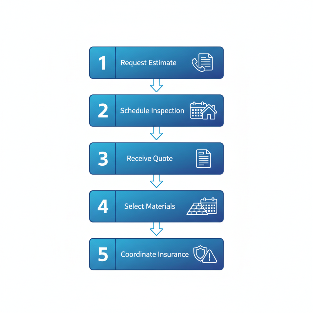 Vertical process flow diagram illustrating five steps to start a Peoria roofing project: request estimate, schedule inspection, receive quote, select materials, coordinate insurance.