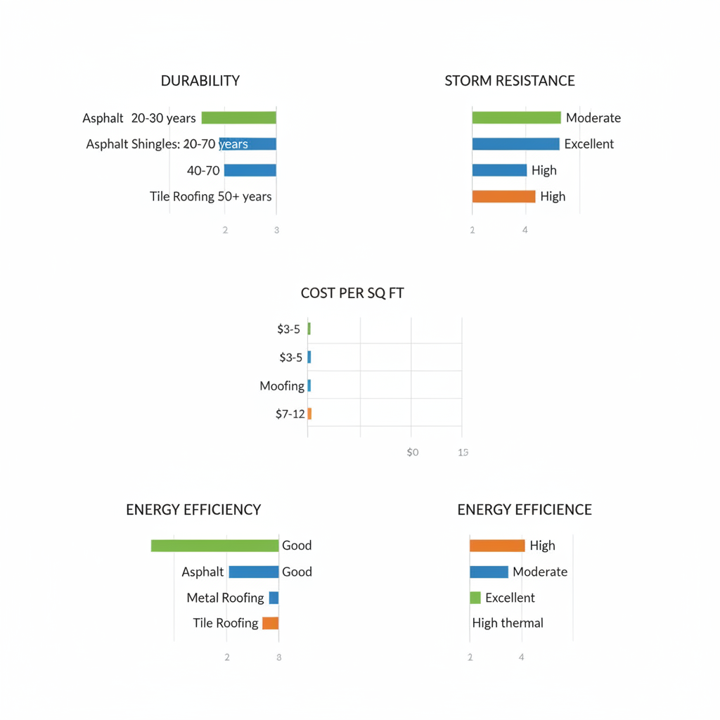 Data visualization comparing durability, cost, storm resistance, and energy efficiency of asphalt shingles, metal roofing, and tile roofing for Peoria climate