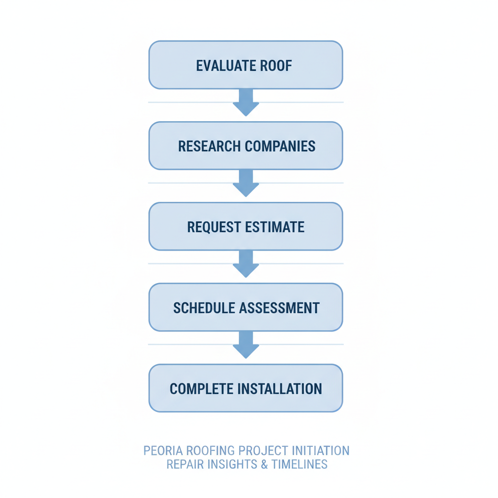 Vertical process flow diagram illustrating five steps for starting a roofing project in Peoria, from evaluation to installation.
