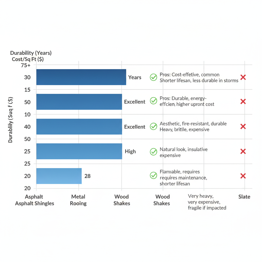 Horizontal bar chart comparing durability, cost, and suitability of five common roofing materials for Peoria climate.