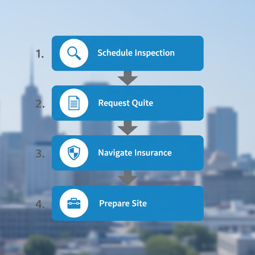 Vertical process flow diagram illustrating four key steps to start a Peoria roofing project
