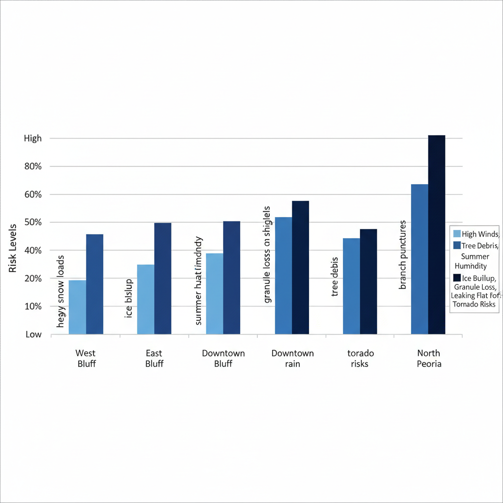 Horizontal bar chart comparing weather risks and roof damage types across Peoria neighborhoods including West Bluff, East Bluff, Downtown, and North Peoria.