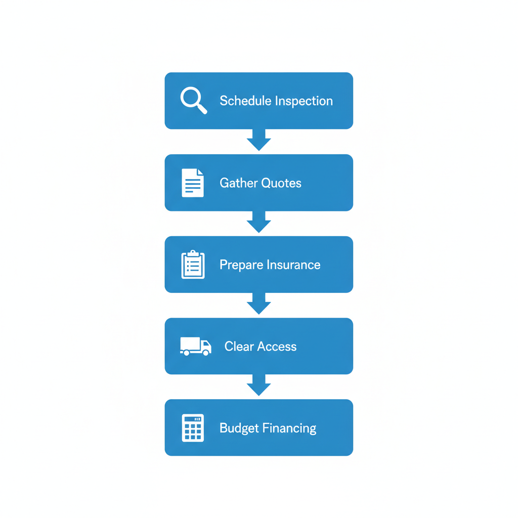 Vertical process flow diagram outlining five steps to initiate a roofing project in Peoria