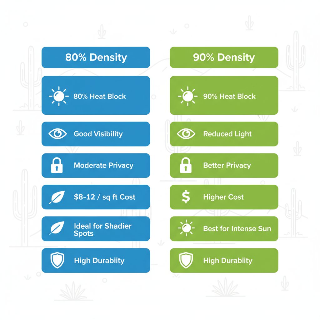 Infographic comparing features of 80% and 90% density solar screens for Glendale Arizona homes including heat reduction visibility privacy cost and durability