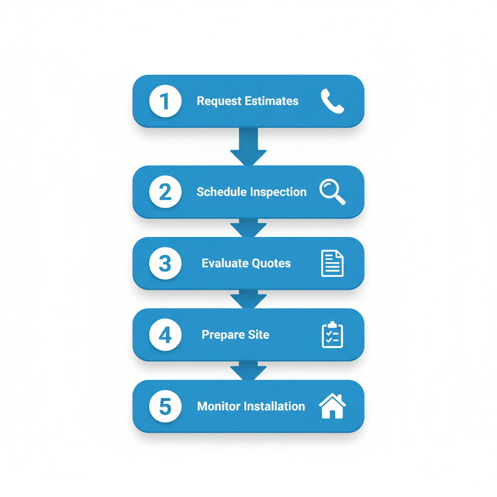 Vertical process flow diagram illustrating five steps to hire a roofing contractor in Peoria with icons and arrows