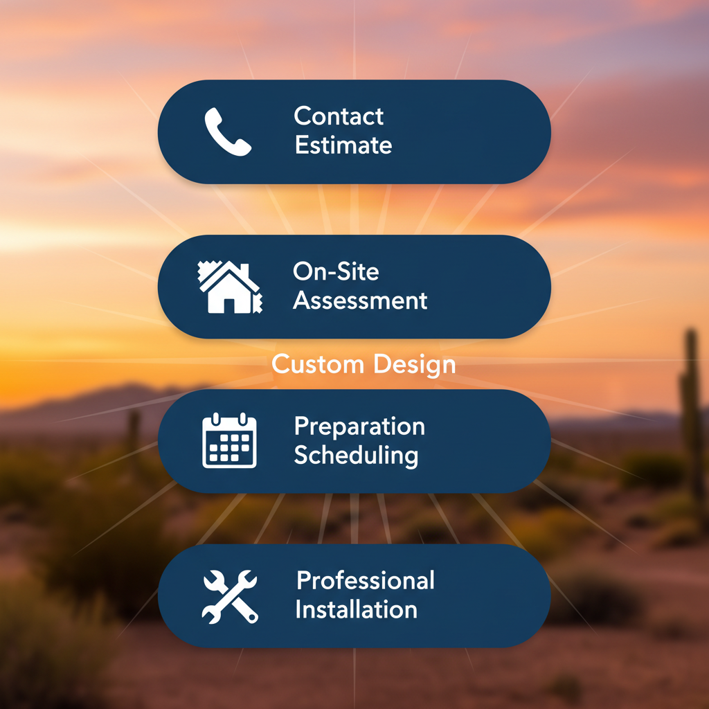 Vertical process flow diagram illustrating five steps for solar screen installation in Glendale homes including contact for estimate, on-site assessment, custom design, preparation, and professional installation with icons.