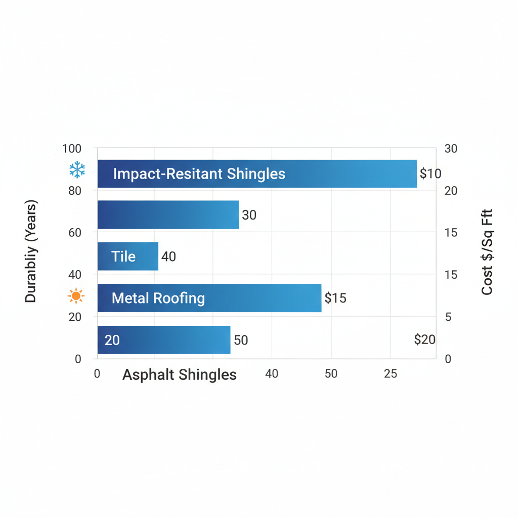 Horizontal bar chart comparing durability in years and cost per square foot of asphalt shingles, metal roofing, tile, and impact-resistant shingles for Peoria's variable weather including snow, wind, and humidity.