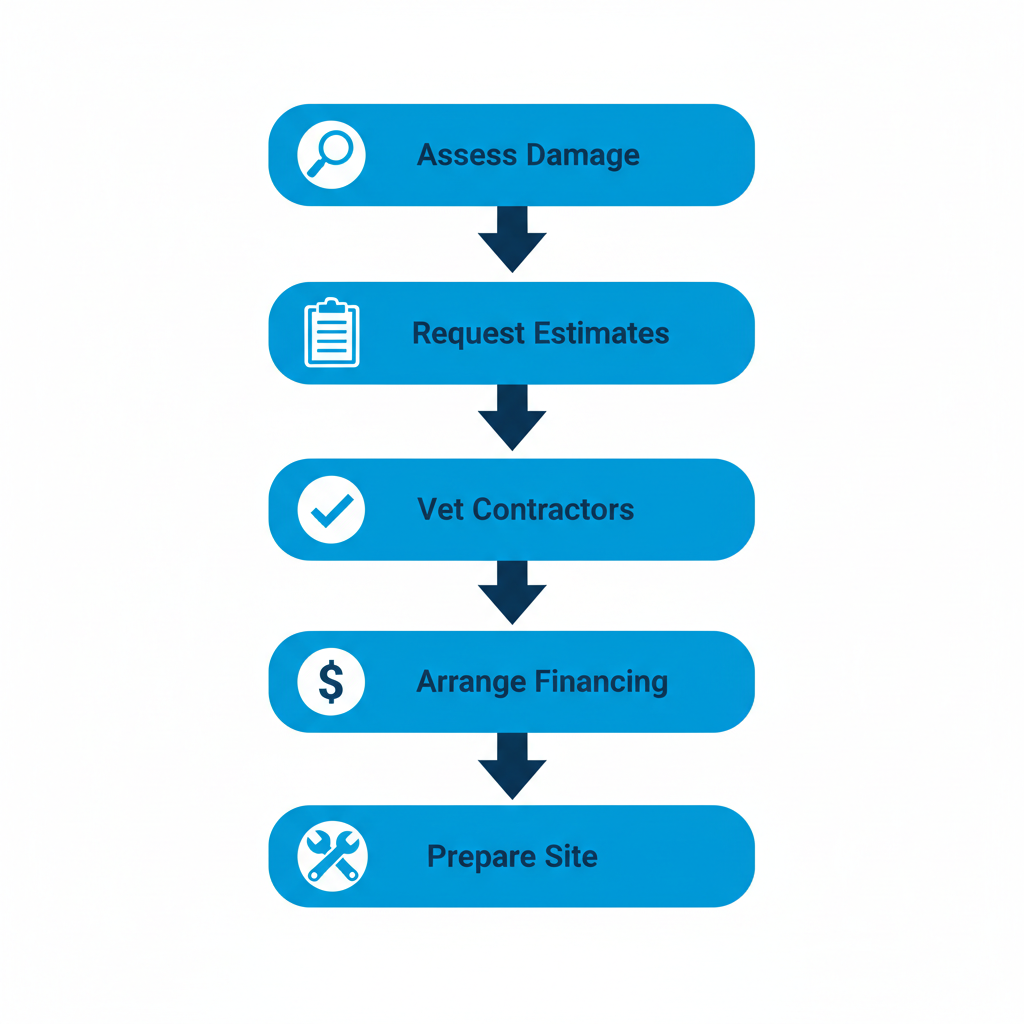 Accessibility diagram of five-step vertical process flow for initiating a roofing project in Peoria: assess damage with magnifying glass, request estimates with clipboard, vet contractors with checkmark, arrange financing with dollar sign, prepare site with tools.