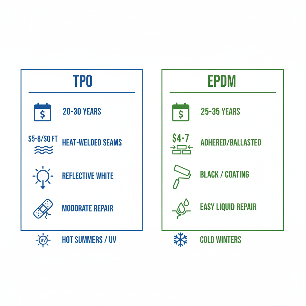 Infographic comparing TPO and EPDM roofing materials for commercial buildings in Central Illinois, highlighting durability, cost, and features.