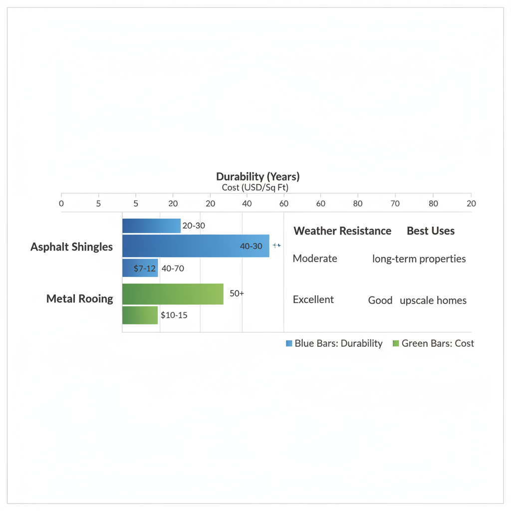 Horizontal bar chart comparing durability, cost, and weather resistance of Asphalt Shingles, Metal Roofing, and Tile Roofing for Peoria homes