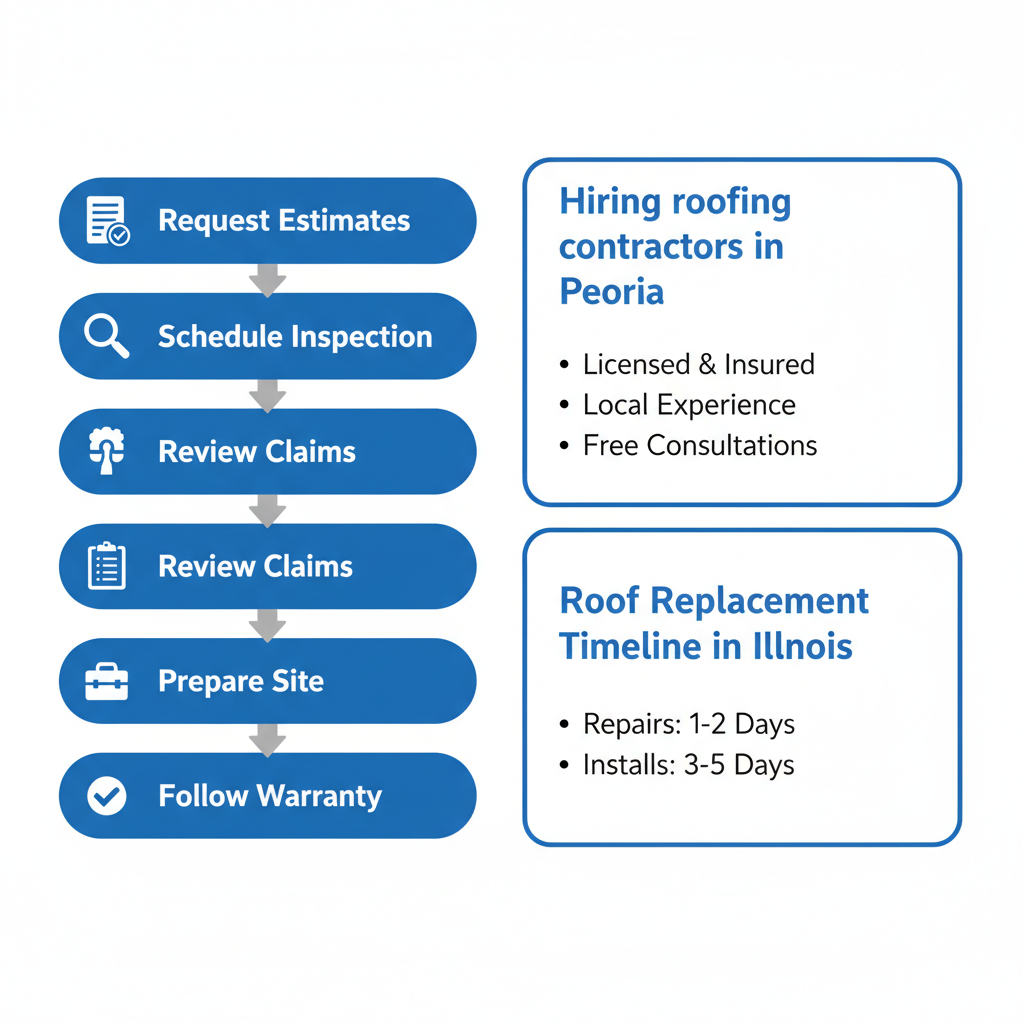 Vertical process flow diagram outlining five key steps to hire roofing contractors in Peoria with icons and timeline notes
