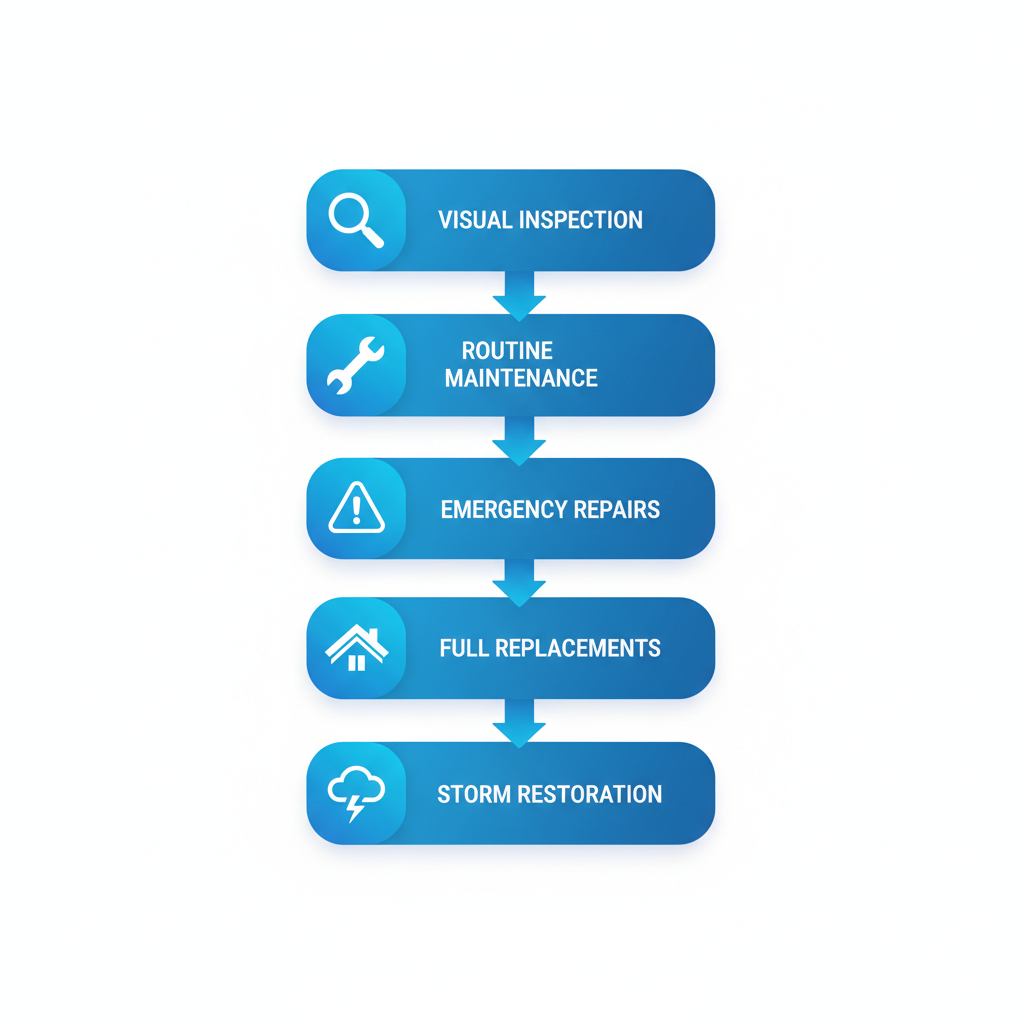 Vertical process flow diagram illustrating five essential roofing services: inspection with magnifying glass, routine maintenance with wrench, emergency repairs with alert, full replacements with roof icon, and storm restoration with storm cloud.