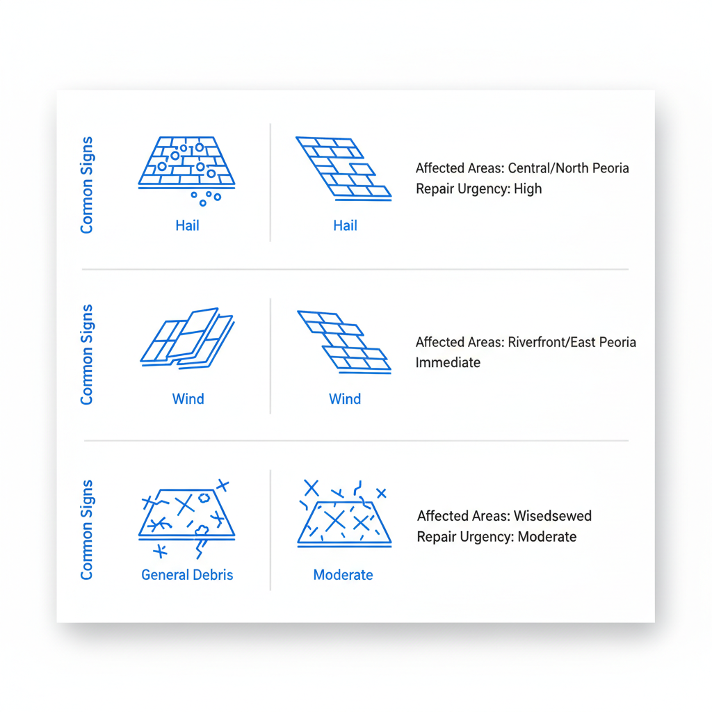 Infographic visualizing common storm damage types to roofs in Peoria, including hail, wind, and debris with signs, affected areas, and repair urgency.