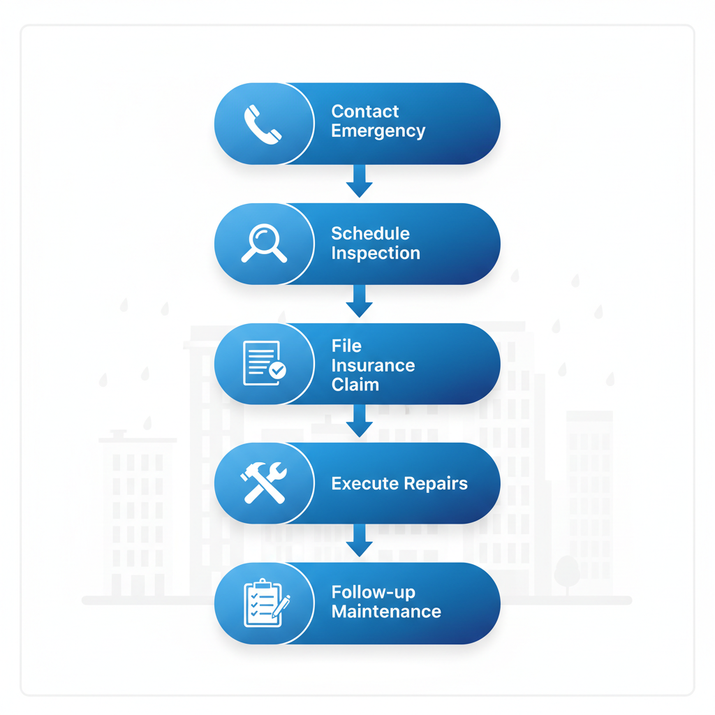 Vertical process flow illustrating five key steps for post-storm roof repair: contact emergency services, schedule inspection, file insurance claim, execute repairs, and follow-up maintenance.
