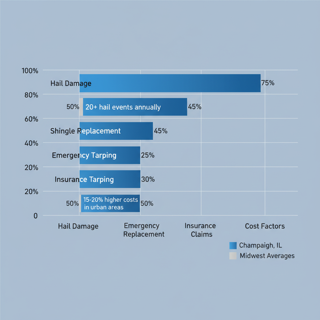 Horizontal bar chart comparing prevalence of roofing issues in Champaign, Illinois to Midwest averages, highlighting hail damage, shingle replacement, emergency tarping, insurance claims, and cost factors
