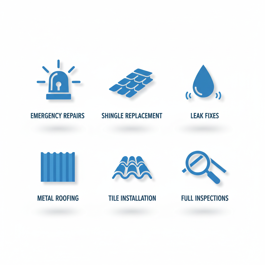 Grid of icons showing roof repair options: emergency repairs, shingle replacement, leak fixes, metal roofing, tile installation, and full inspections