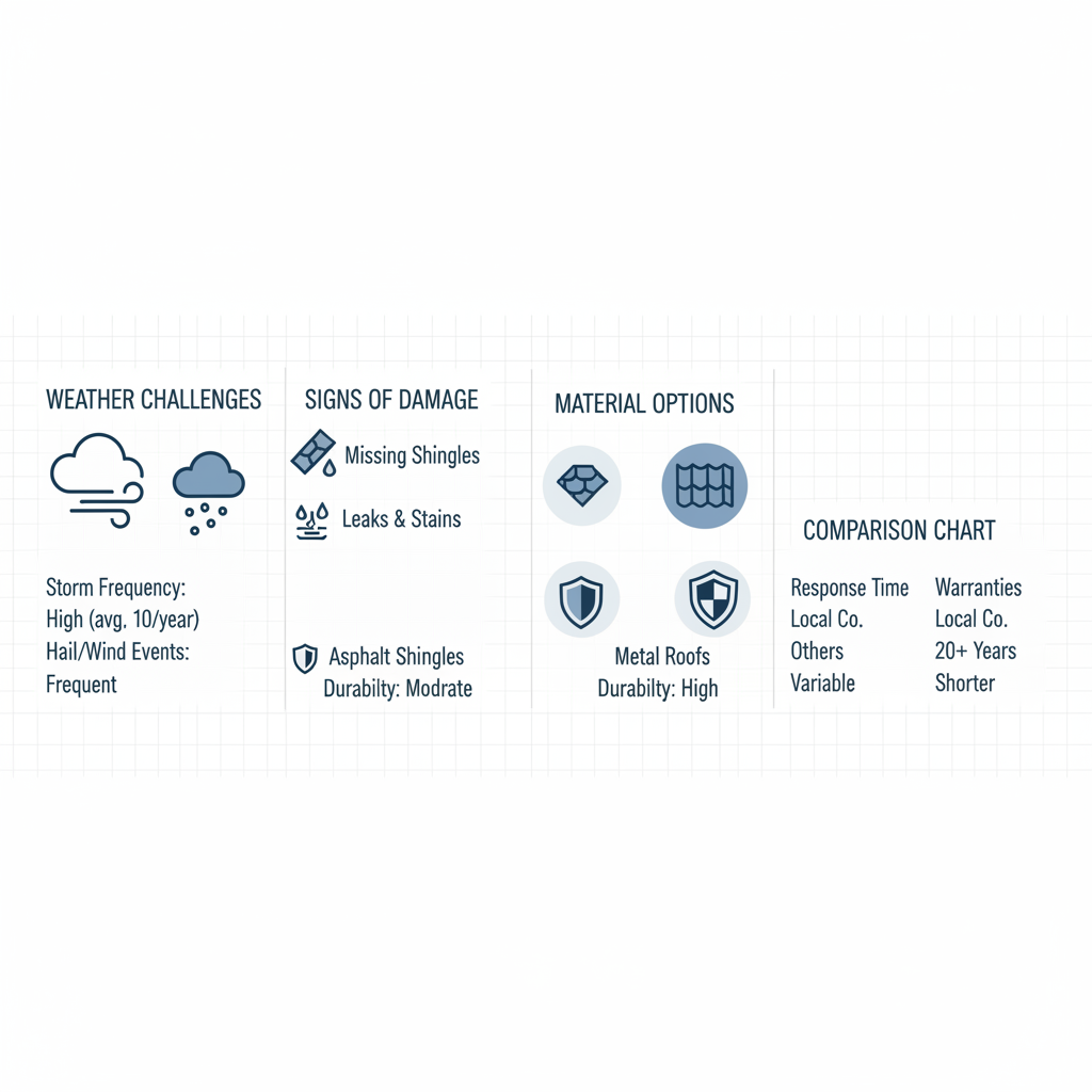 Infographic showing weather challenges signs of damage material options and service comparison for roofing in Champaign IL