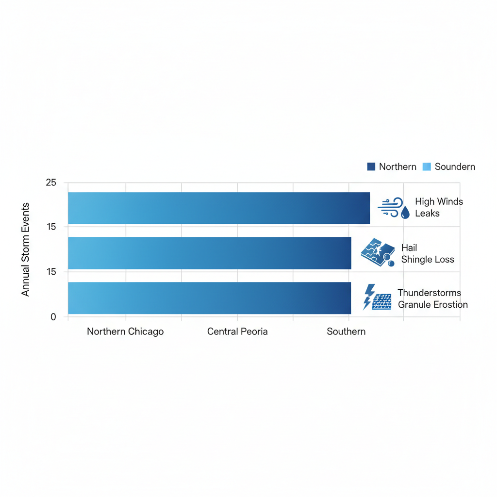 Horizontal bar chart comparing annual storm events and roof vulnerabilities in Northern, Central, and Southern Illinois regions.