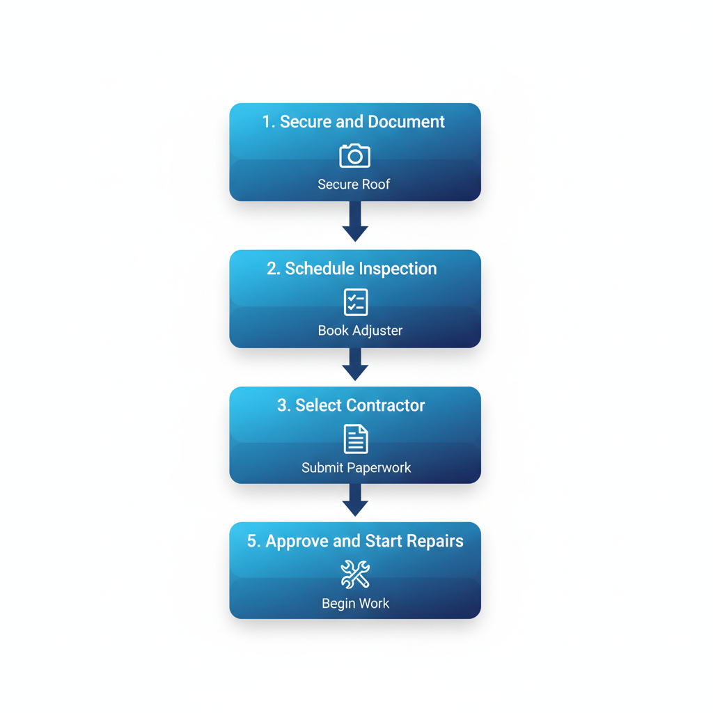 Vertical process flow diagram illustrating five steps for beginning storm damage roof recovery in Illinois, with icons and blue accents.