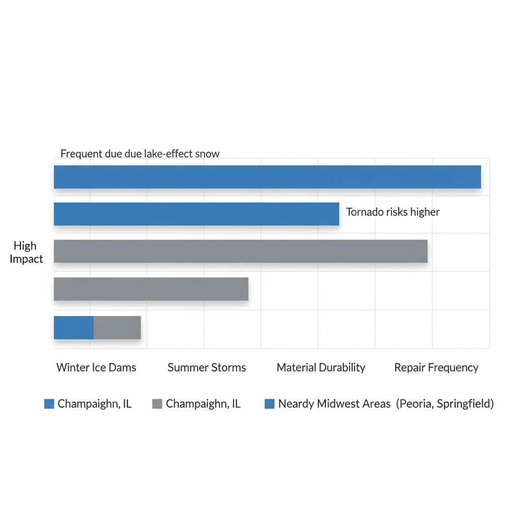 Horizontal bar chart comparing roofing challenges in Champaign versus nearby Midwest areas
