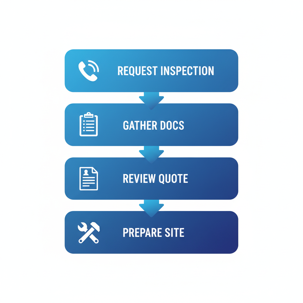 Vertical process flow diagram showing four steps to start a roofing project in Champaign with icons and minimal labels.