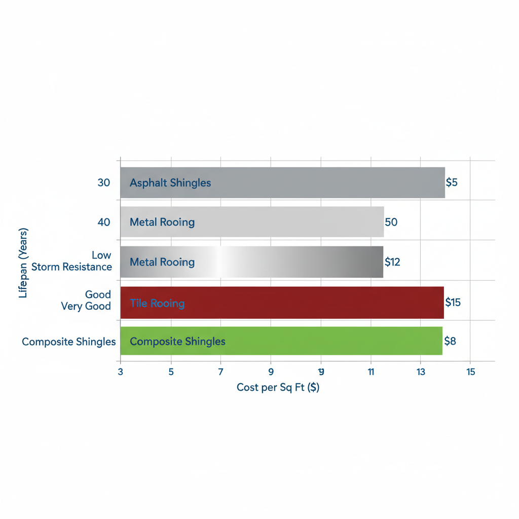 Horizontal bar chart comparing lifespan, storm resistance, and cost of common roofing materials in Champaign's climate