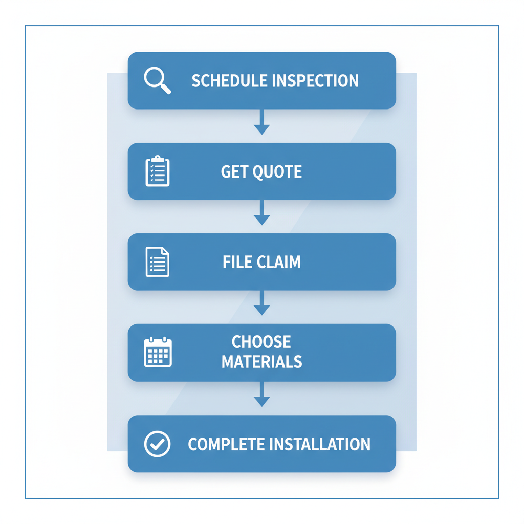 Vertical process flow diagram illustrating five key steps to start a roofing project in Champaign with icons and arrows